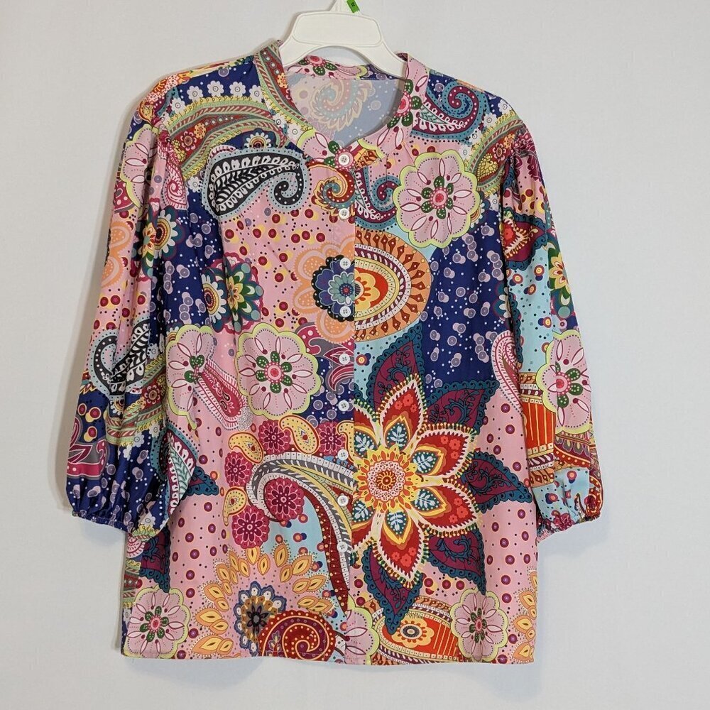 PINK MULTI-COLOR Paisley Button Blouse Top; 3/4 Sleeves; Size L